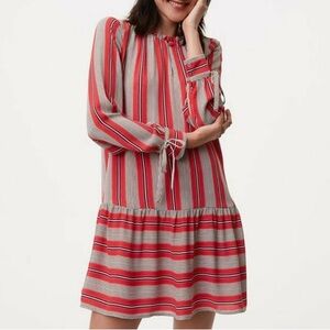 LOFT XS Red Spiced Stripe Long Sleeve Flounce Mini Dress